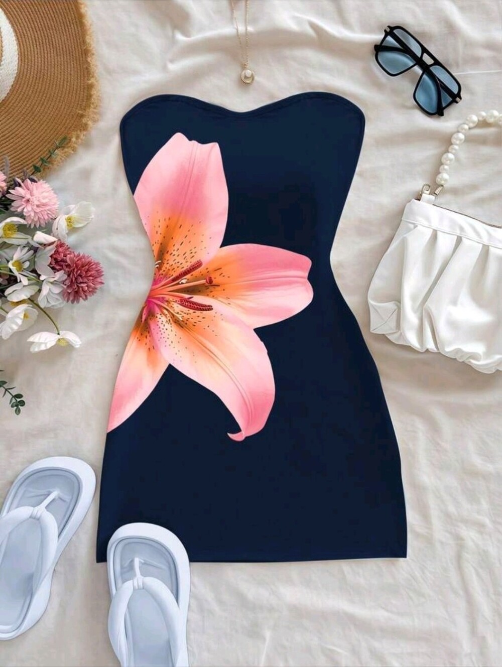 INAWLY  Lily Flower Print Fitted Tube Dress